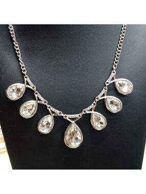 Rhinestone statement necklace white gold plated cubic zirconia cz reversible EUC